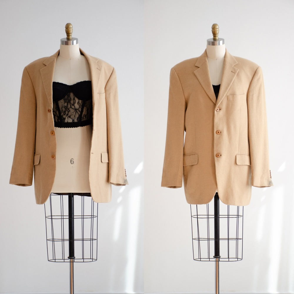 Vintage Camel Hair Blazer 90s Tan Herringbone Sport Coat L Beige Vintage Jacket